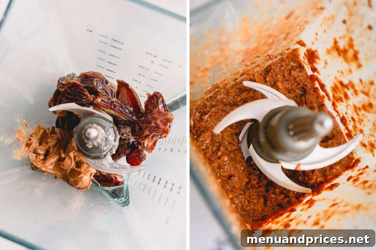 Wholesome Almond Crunch Granola 5 Dates, almond butter, and coconut oil being blended in a food processor to create a smooth, sticky mixture.