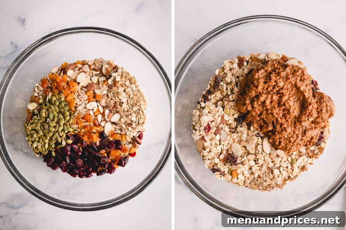 Wholesome Almond Crunch Granola 6 A large bowl filled with oats, dried fruit, and nuts, with the sticky date paste drizzled on top, ready for mixing.