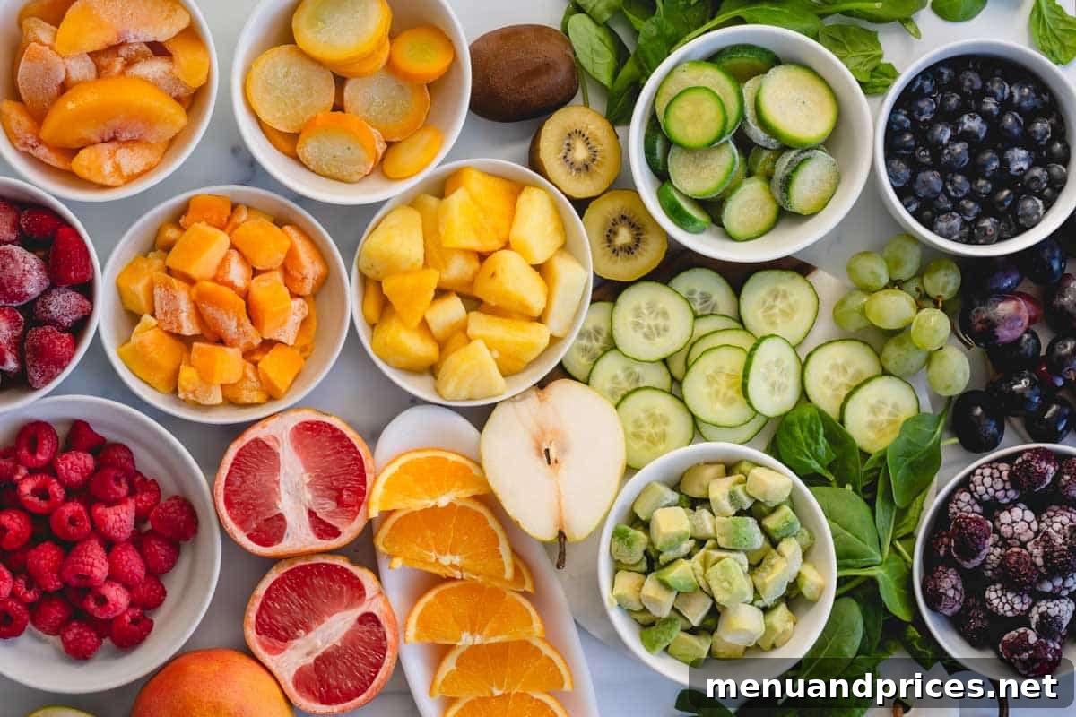 Your Complete Guide to Delicious Smoothies 3 A colorful array of fresh produce including oranges, pineapple, cucumbers, spinach, and kiwi, perfect for healthy smoothies.
