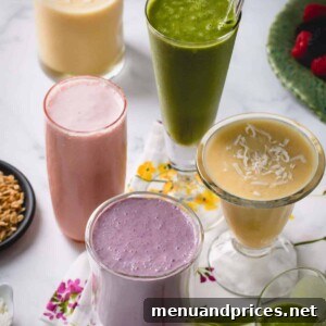 A collection of vibrant fruit smoothies in various glasses, garnished with fresh fruit, showcasing the colorful and refreshing nature of the drinks.