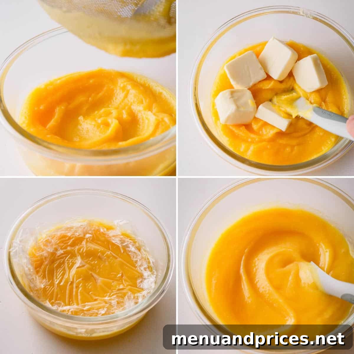 Tangy Pineapple Curd 7 Pineapple curd with softened butter being mixed in with a spatula.