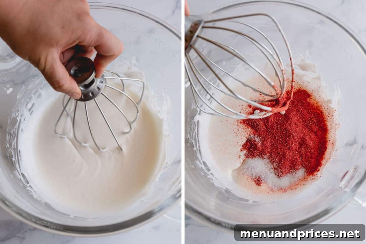 Strawberry Cloud Frosting 6 A whisk mixing heavy cream on the left, and on the right, freeze-dried strawberry powder and sugar being mixed into the partially whipped cream.