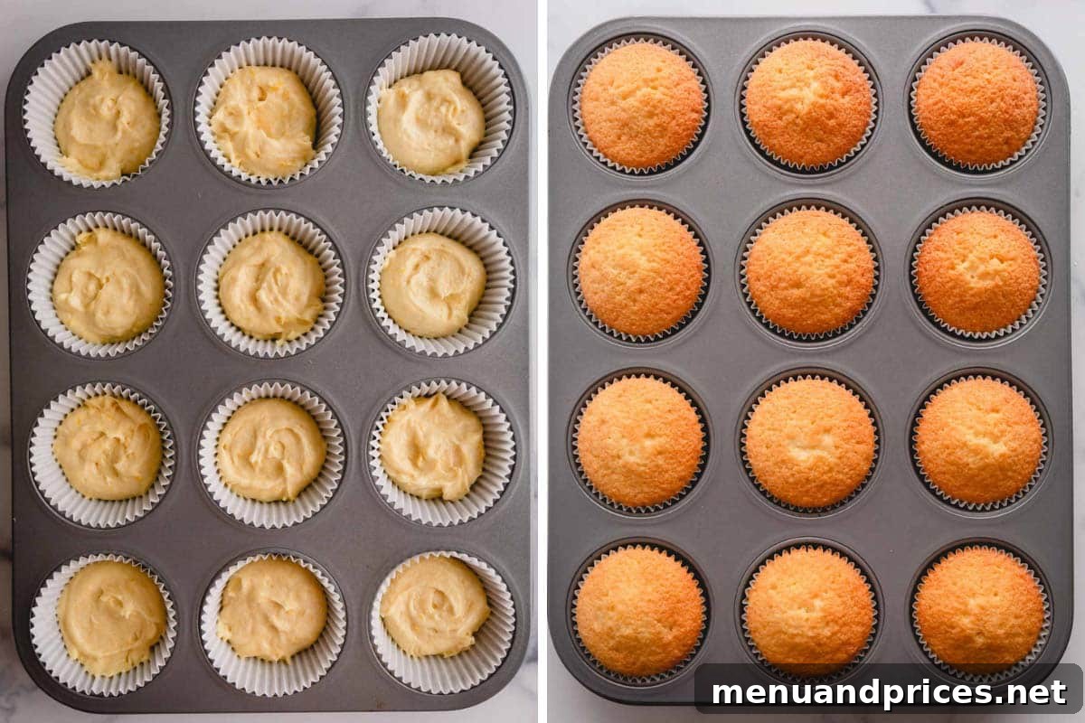Side-by-side images of cupcake batter divided into a muffin pan.
