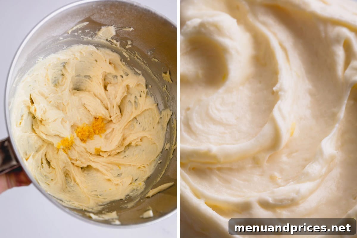 bowl with butter and lemon zest, bowl of cream cheese frosting.