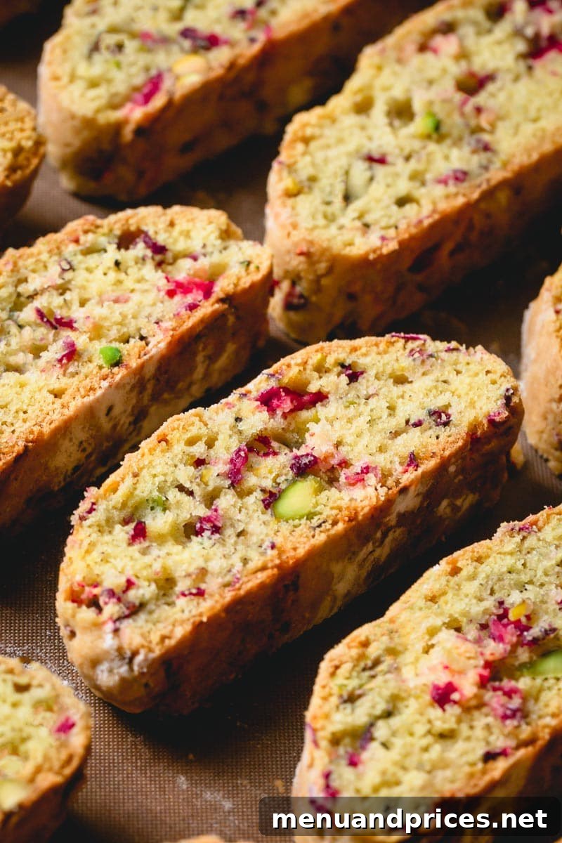 Crisp Cranberry Pistachio Biscotti 3 Close-up of golden-brown mini cranberry pistachio biscotti cookies.