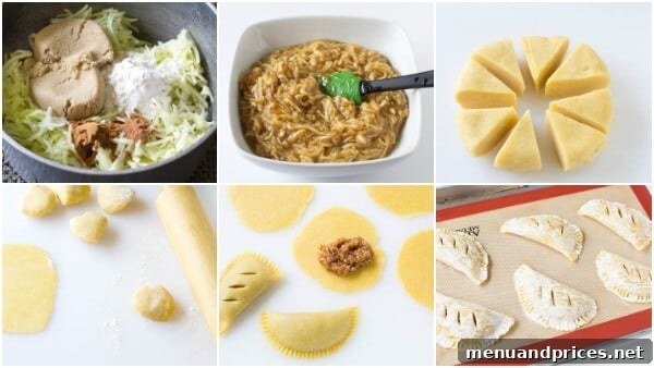 Flaky Apple Pie Delights 4 A visual guide showing four stages of making apple pie turnovers: preparing the filling, shaping the dough, filling, and crimping.