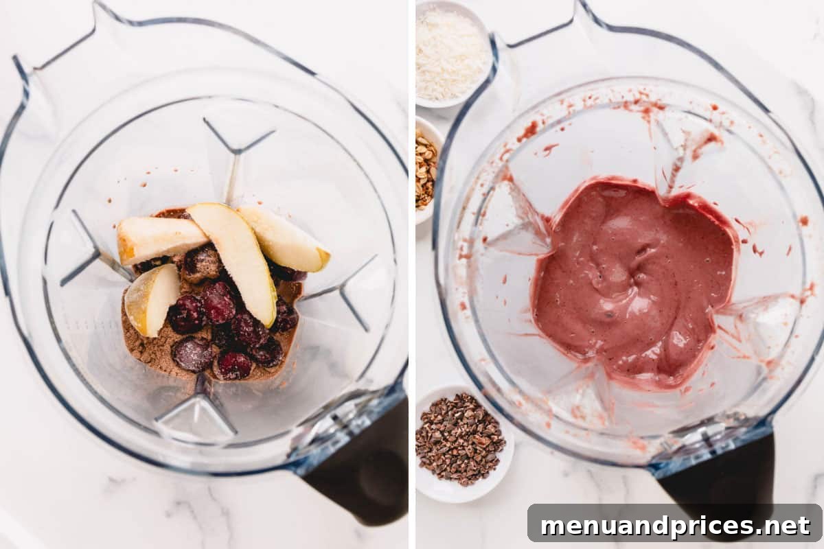 Black Forest Bliss Bowl 4 A blender jar filled with frozen pear, frozen cherries, and chocolate protein powder, ready to be blended into a delicious Black Forest smoothie.