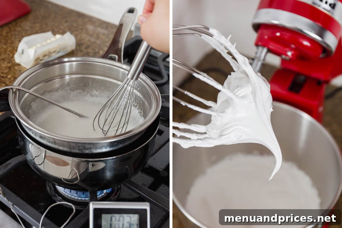 Velvet Strawberry Swiss Buttercream 4 Visual progression of Swiss meringue: egg whites heating in a double boiler, followed by perfectly whipped, glossy meringue in a stand mixer.