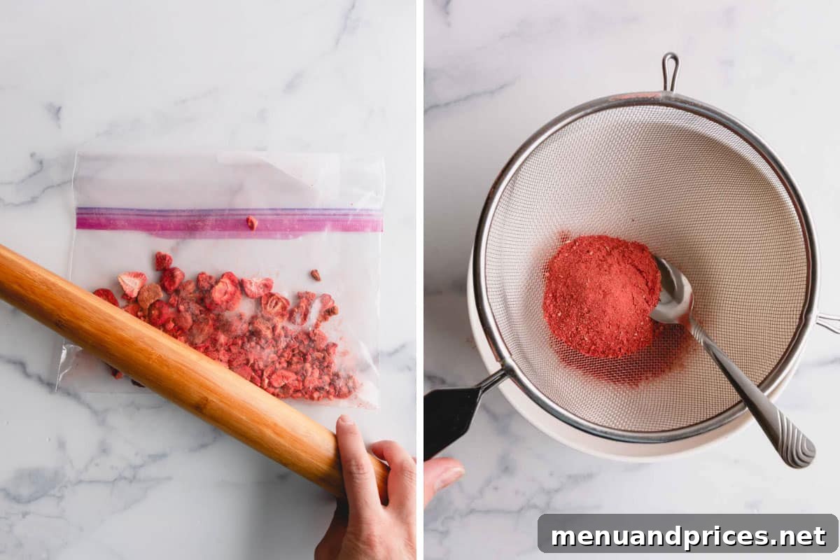 Velvet Strawberry Swiss Buttercream 6 Freeze-dried strawberries in a bag being crushed, and the resulting powder in a bowl.