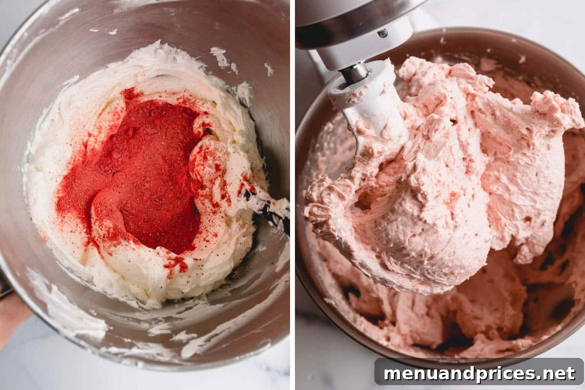 Velvet Strawberry Swiss Buttercream 7 Sifting freeze-dried strawberry powder into buttercream, followed by a close-up of the finished, perfectly pink strawberry buttercream.