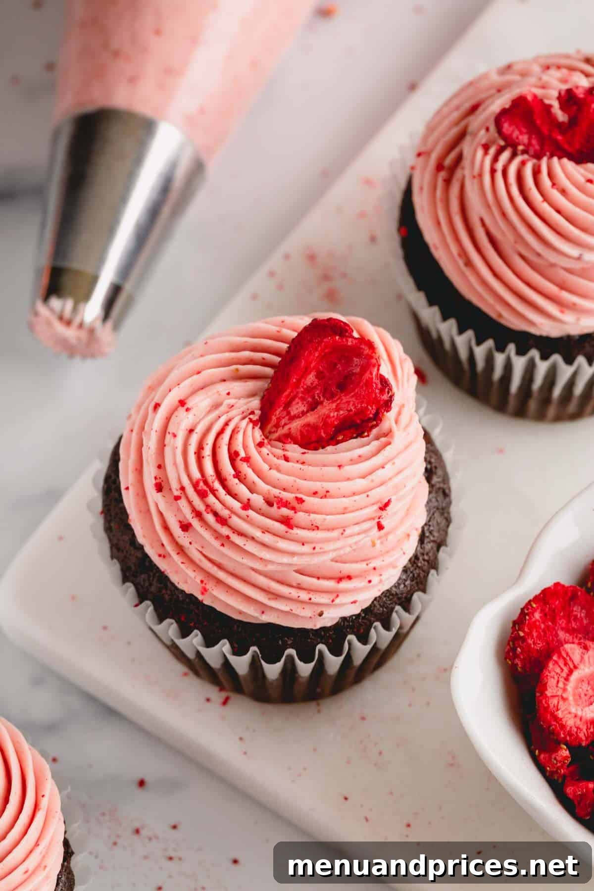 Velvet Strawberry Swiss Buttercream 9 Two chocolate cupcakes elegantly piped with strawberry Swiss meringue buttercream, ready to be enjoyed.
