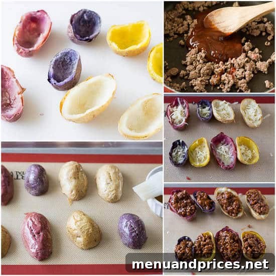 Loaded Joe Spud Boats 4 Step-by-step photos showing the process of making sloppy joe potato skins, from preparing potatoes to filling them