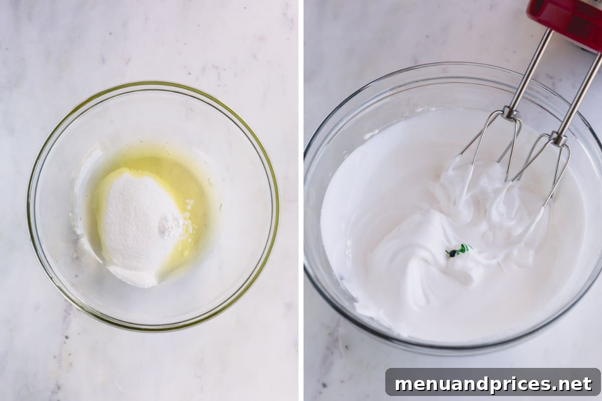 Effortless Meringue Delights 4 A visual guide showing the progression of whipping egg whites and sugar for meringue cookies, from foamy to soft peaks.