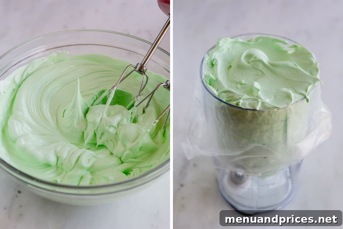 Effortless Meringue Delights 5 A bowl of vibrant green meringue being transferred into a piping bag, ready for shaping.