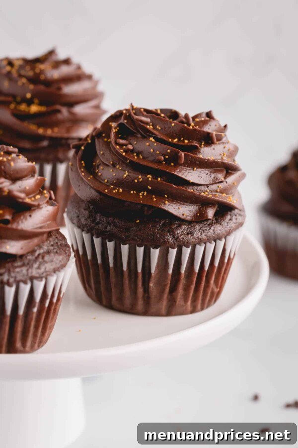 Decadent Chocolate Cream Cheese Frosting 8 Two perfectly frosted chocolate cupcakes with chocolate cream cheese frosting, showcasing its beautiful texture.