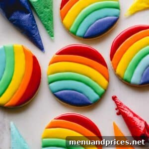 Mastering Royal Icing 15 Round sugar cookies decorated with strips of rainbow royal icing.