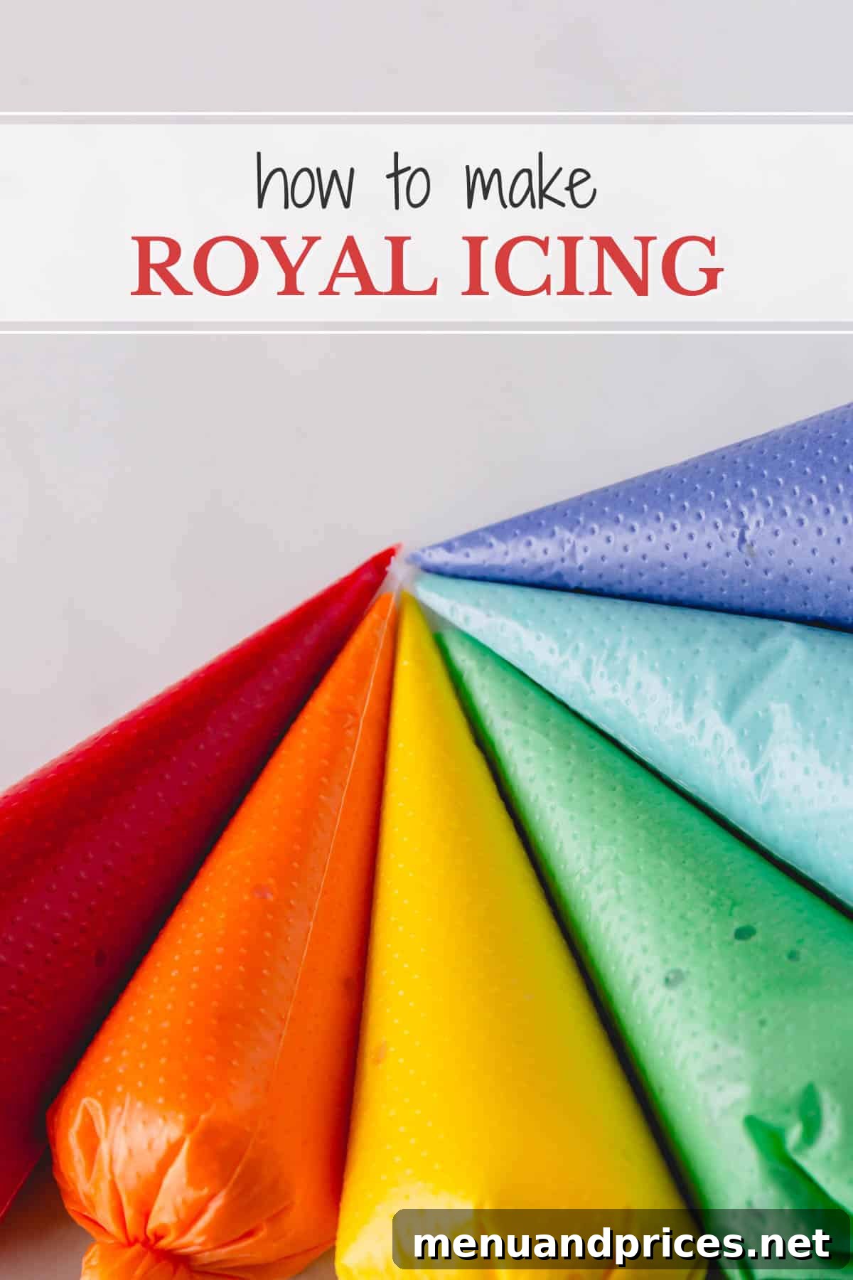 Mastering Royal Icing 3 Piping bags filled with royal icing in a beautiful array of rainbow colors, ready for cookie decoration.