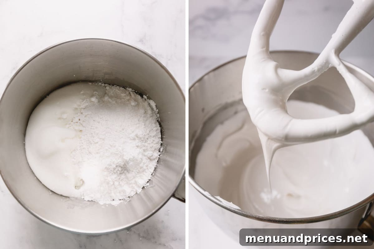 Mastering Royal Icing 6 A mixing bowl filled with smooth royal icing, with some icing clinging to a paddle attachment, illustrating the ideal texture.