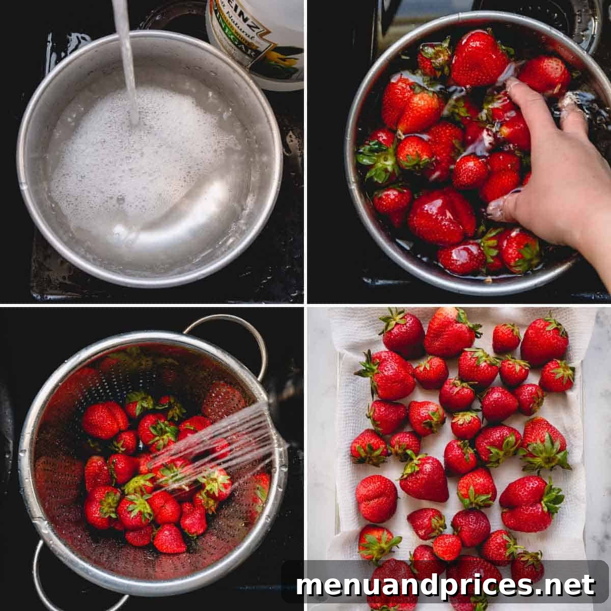 Prepare Strawberries for Extended Freshness 3 A series of four sequential images demonstrating the strawberry cleaning process: soaking in vinegar water, rinsing under tap, arranging on paper towels for drying, and finally, perfectly clean, dry strawberries ready for storage.