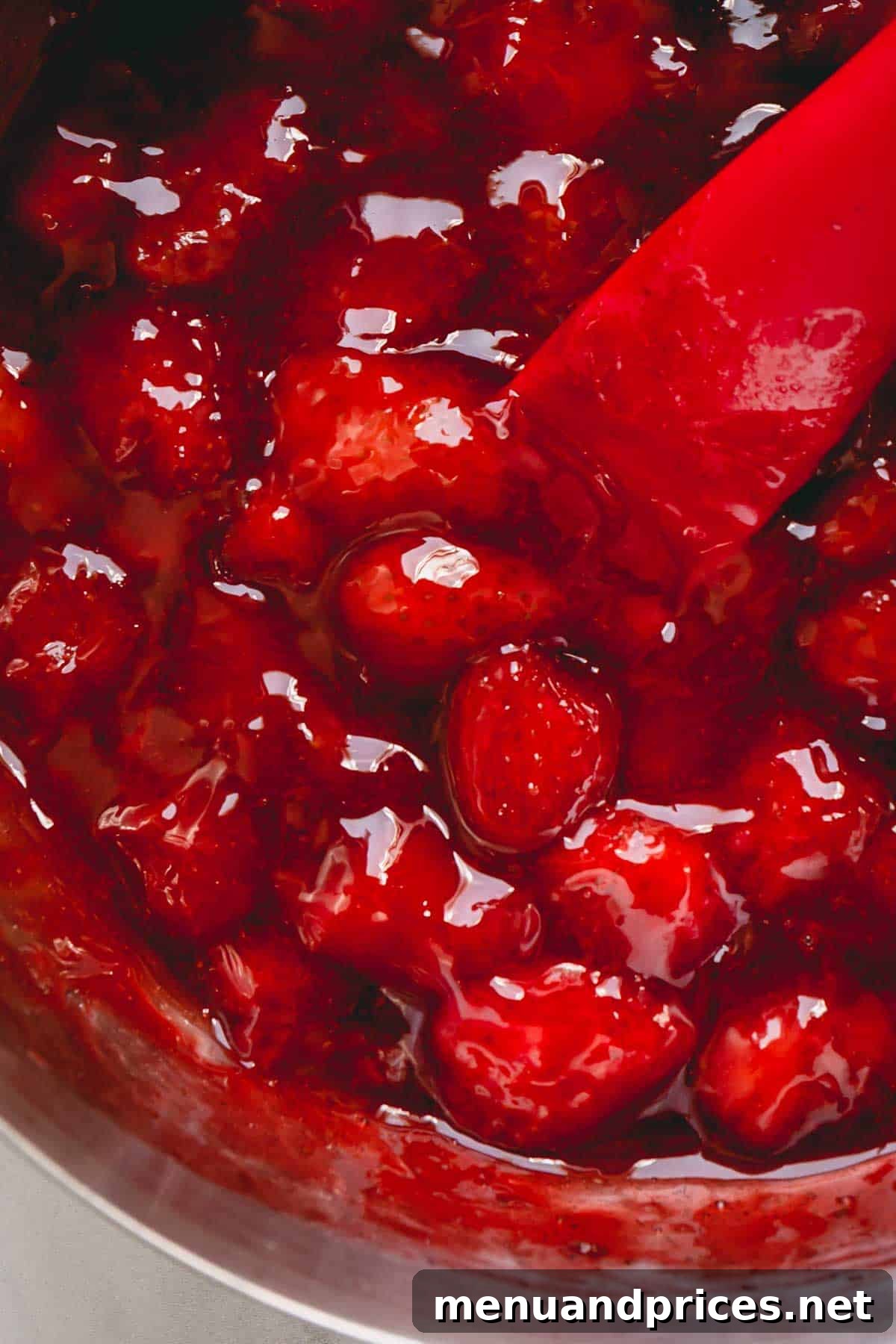 Whip Up Perfect Strawberry Sauce 3 Close-up image of a spoon scooping chunky homemade strawberry sauce.
