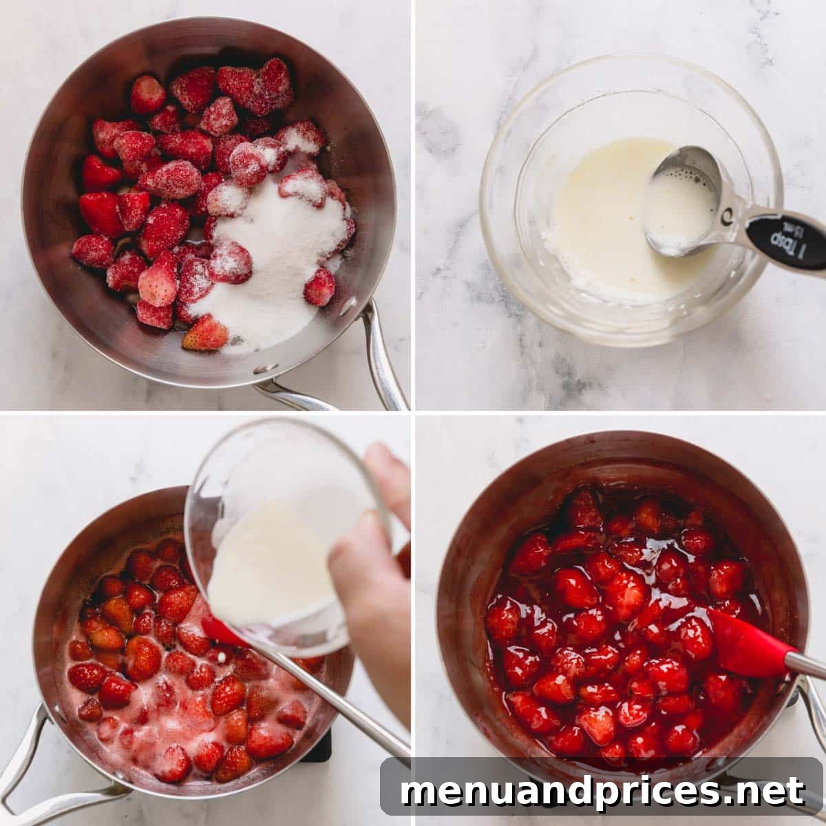 Whip Up Perfect Strawberry Sauce 5 Four images showing the step-by-step process of making strawberry sauce in a pot: combining ingredients, boiling, adding slurry, and simmering to thicken.