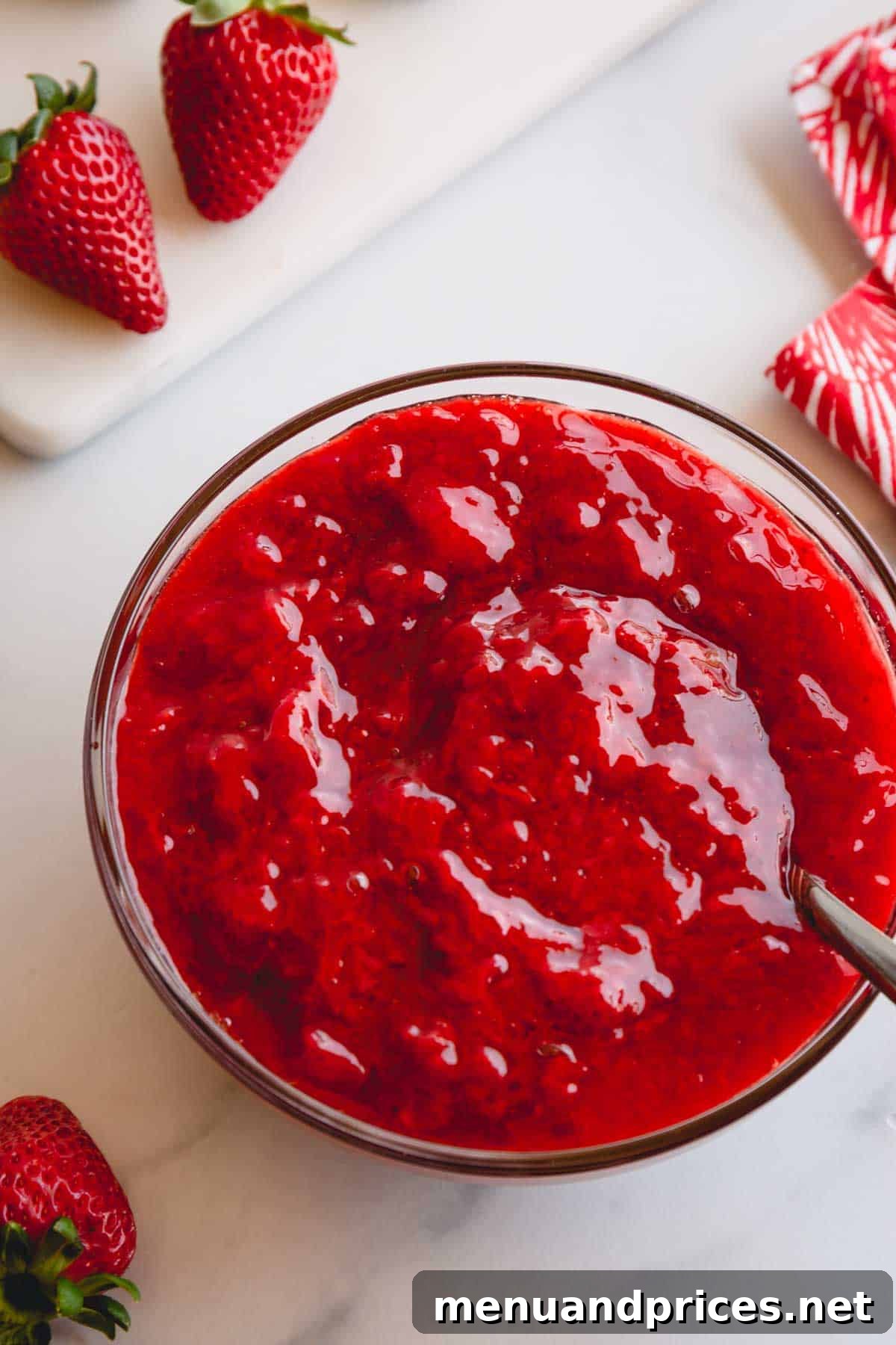 Whip Up Perfect Strawberry Sauce 7 A bowl of smooth strawberry sauce with a spoon sticking out, highlighting its rich, glossy texture.