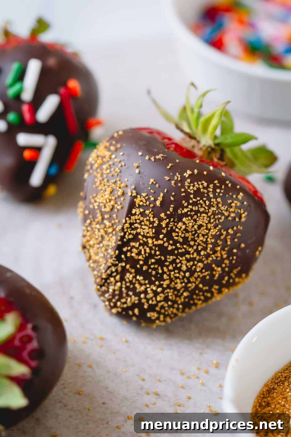 Gourmet Chocolate Strawberries 11 Close up image of a chocolate covered strawberry coated with small gold sprinkles.