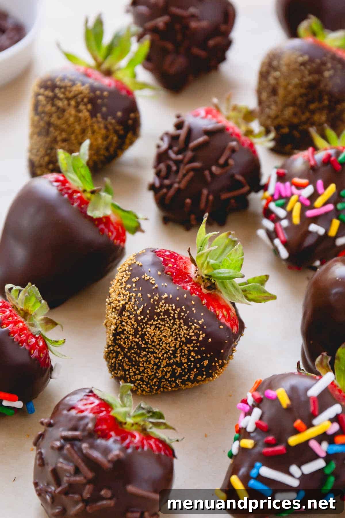 Gourmet Chocolate Strawberries 3 Chocolate covered strawberries coated with different sprinkles on a parchment paper-lined baking sheet.