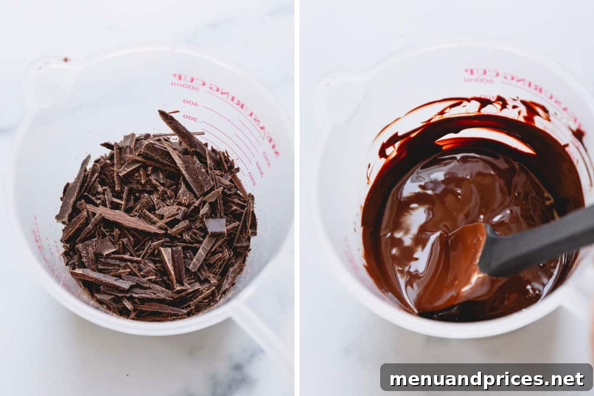 Gourmet Chocolate Strawberries 6 A measuring cup full of chocolate pieces on the left and the same cup full of melted chocolate on the right.