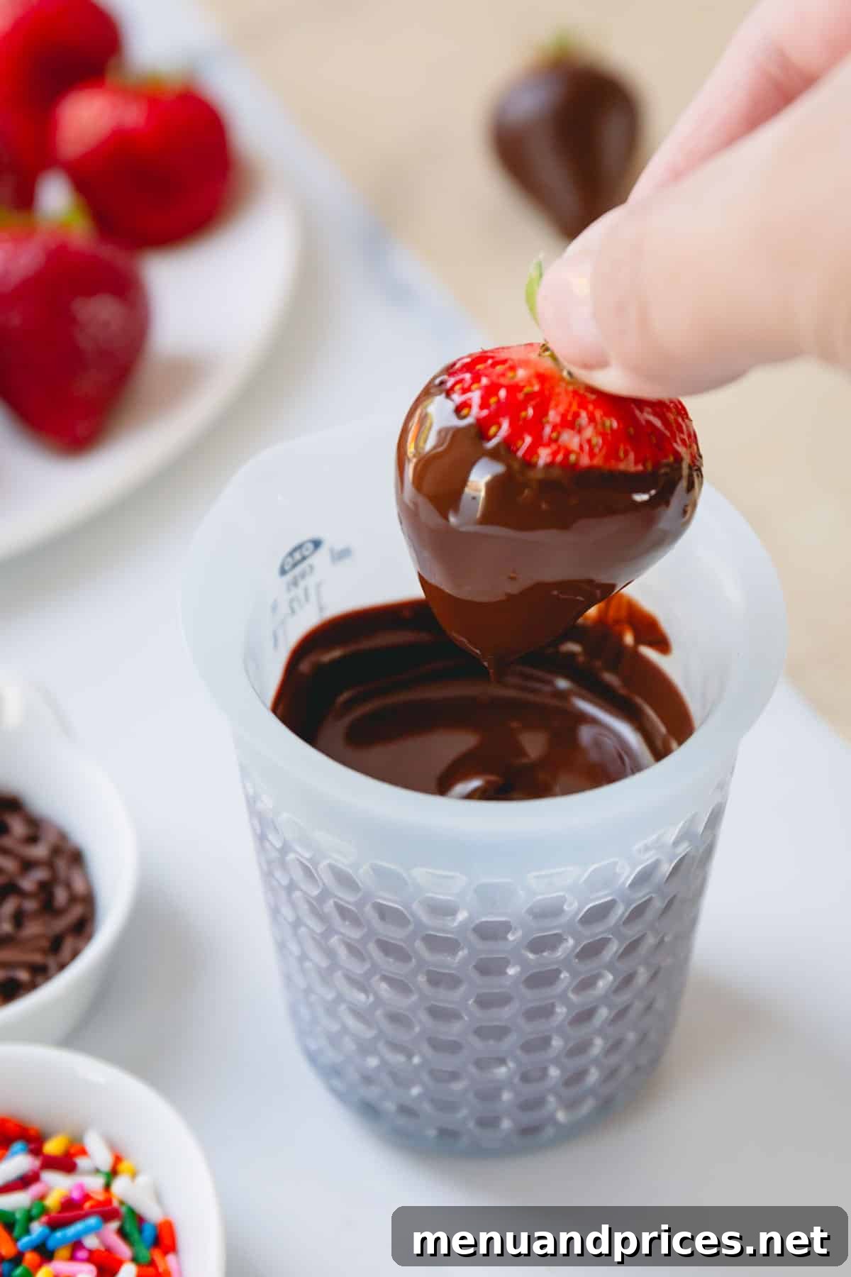 Gourmet Chocolate Strawberries 8 A hand holding a chocolate covered strawberry by the stem over a cup of melted chocolate.
