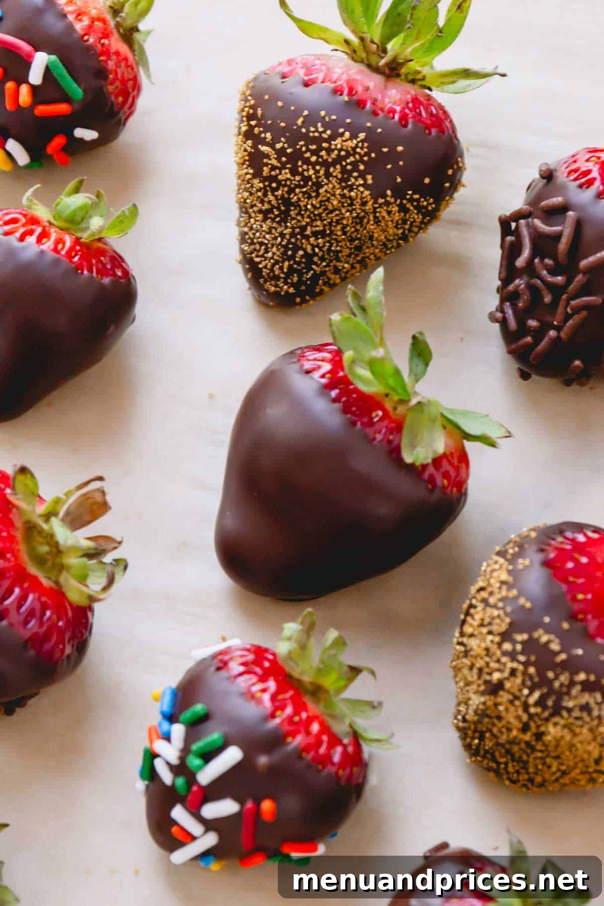 Gourmet Chocolate Strawberries 9 One plain chocolate covered strawberry and others with sprinkles on parchment paper.