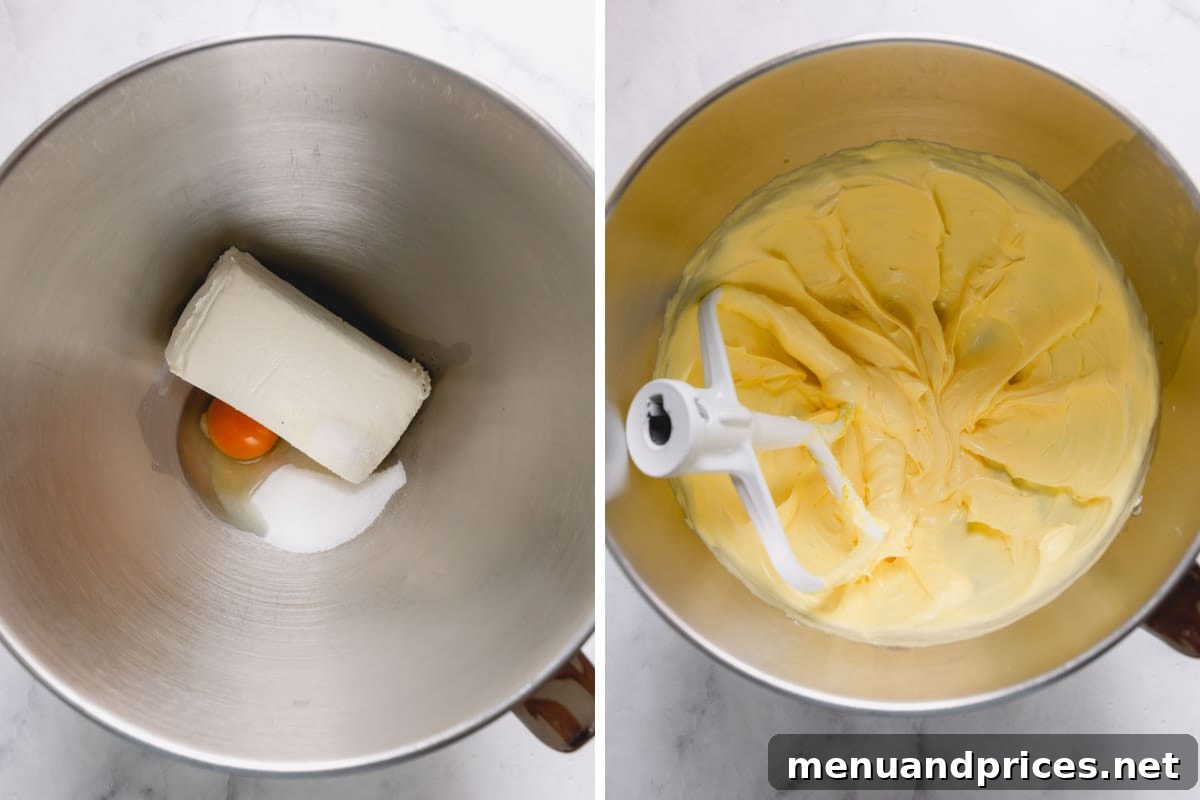 Two sequential images demonstrating the process: an egg and a block of cream cheese being mixed in a stand mixer bowl, followed by the smooth, creamy cream cheese filling ready for use.