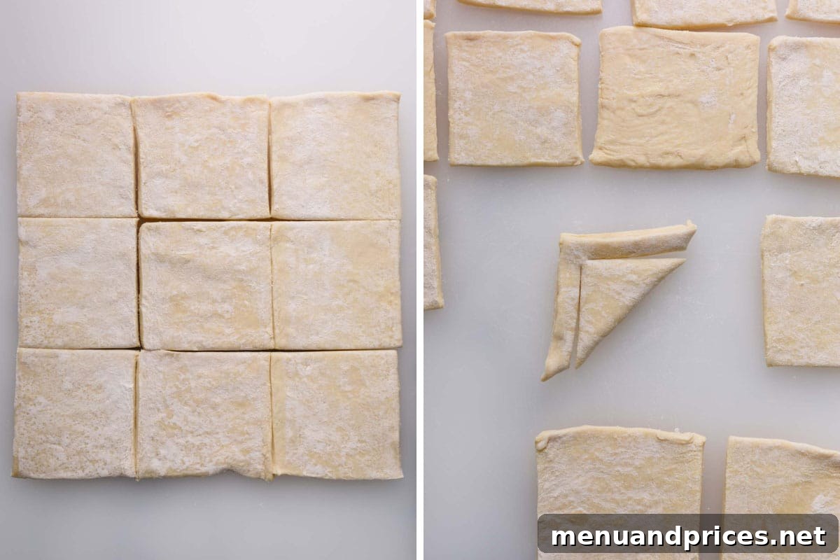 A step-by-step visual guide showing how to precisely cut and fold puff pastry sheets to create the signature danish shape, ensuring the corner remains attached.