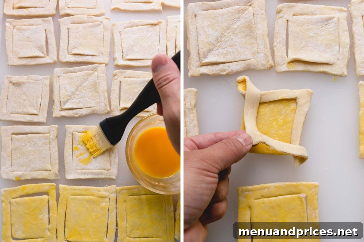 Two images showcasing the technique of folding puff pastry dough and brushing it thoroughly with an egg wash before baking to create a sealed edge.