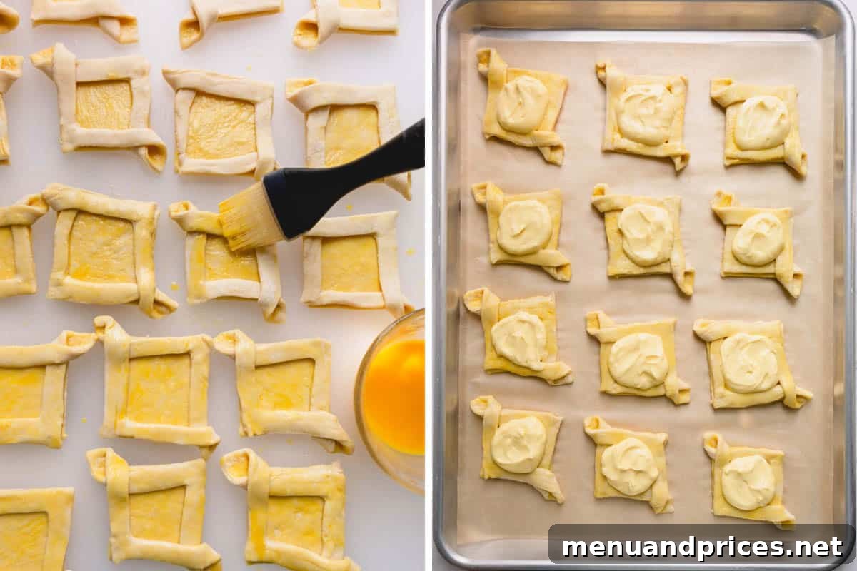 Visual steps demonstrating the careful application of egg wash to puff pastry dough, followed by dolloping creamy cheese filling into the center of each pastry square.