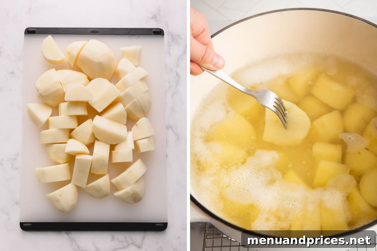 Two images showing the process of boiling peeled and sliced potatoes.