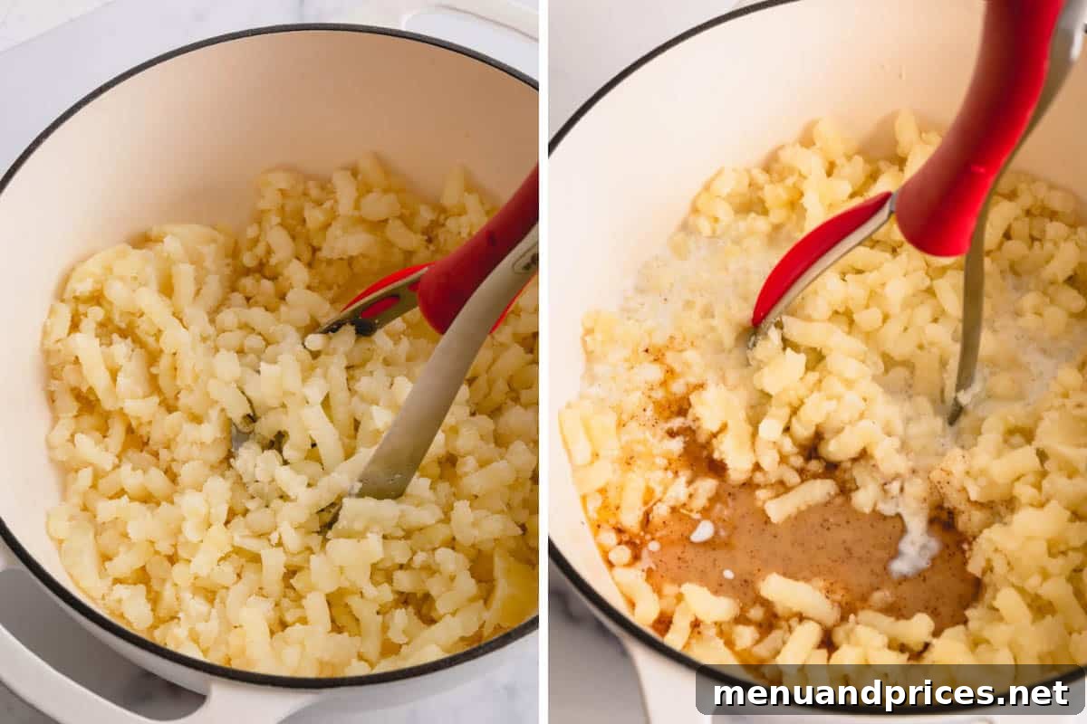 Two images showing the process of mashing boiled potatoes with brown butter and milk.
