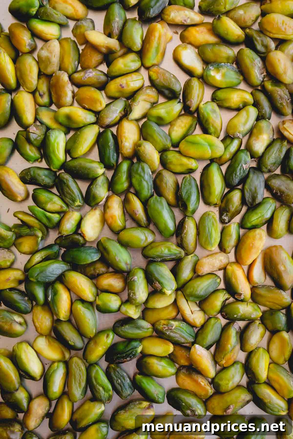Pistachio Flour From Scratch 4 Blanched pistachios spread out in a single layer on a baking sheet, cooling after roasting.