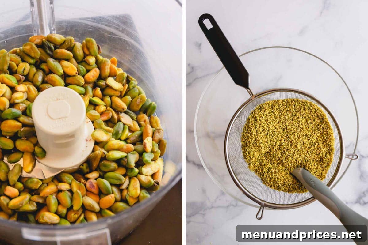 Pistachio Flour From Scratch 5 On the left, pistachios in a food processor ready to be ground. On the right, pistachio flour being sifted through a fine mesh sieve.