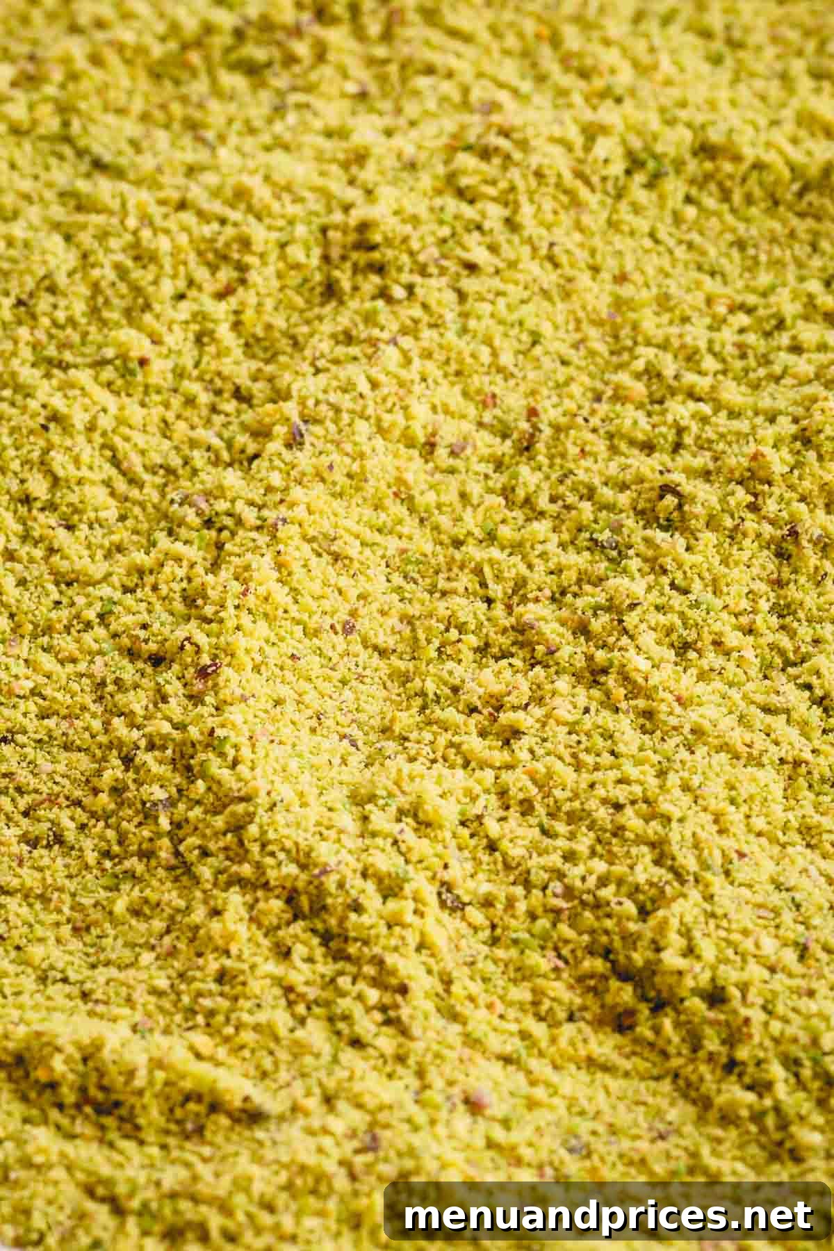 Pistachio Flour From Scratch 6 Close up image of beautifully ground pistachio flour, highlighting its fine texture and vibrant green color.