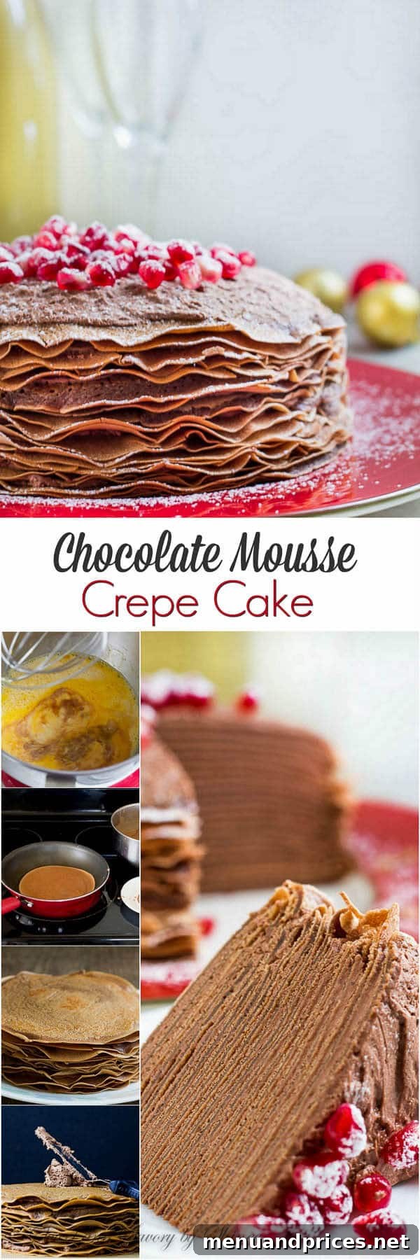 A stunning Chocolate Mousse Crepe Cake, featuring over 20 delicate layers of chocolate crepes filled with rich mousse and garnished with vibrant red pomegranates.
