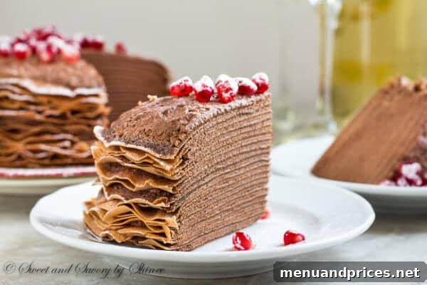 An inviting angle of the layered chocolate dessert, showcasing its delicate texture and the vibrant contrast of the red pomegranate seeds.
