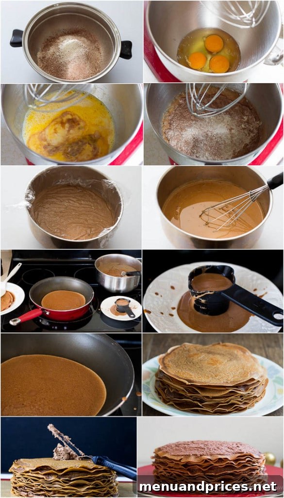 Silken Chocolate Crepe Delight 8 Step-by-step photos illustrating the process of making chocolate crepes and preparing the mousse filling for the crepe cake.