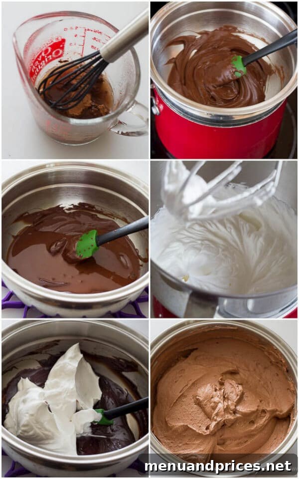 Ingredients for the luscious chocolate mousse filling being prepared, showcasing the rich texture before it's layered into the crepes.