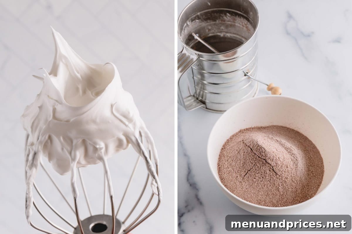 Heavenly Chocolate Macarons 11 Side-by-side images illustrating the stiff peaks of a perfectly whipped meringue and the finely sifted, aerated dry ingredients ready for macaronage.