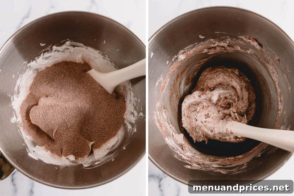 Heavenly Chocolate Macarons 12 Two images side-by-side: one showing sifted dry ingredients gently added to the meringue, and the other depicting the careful folding process as the batter begins to form.