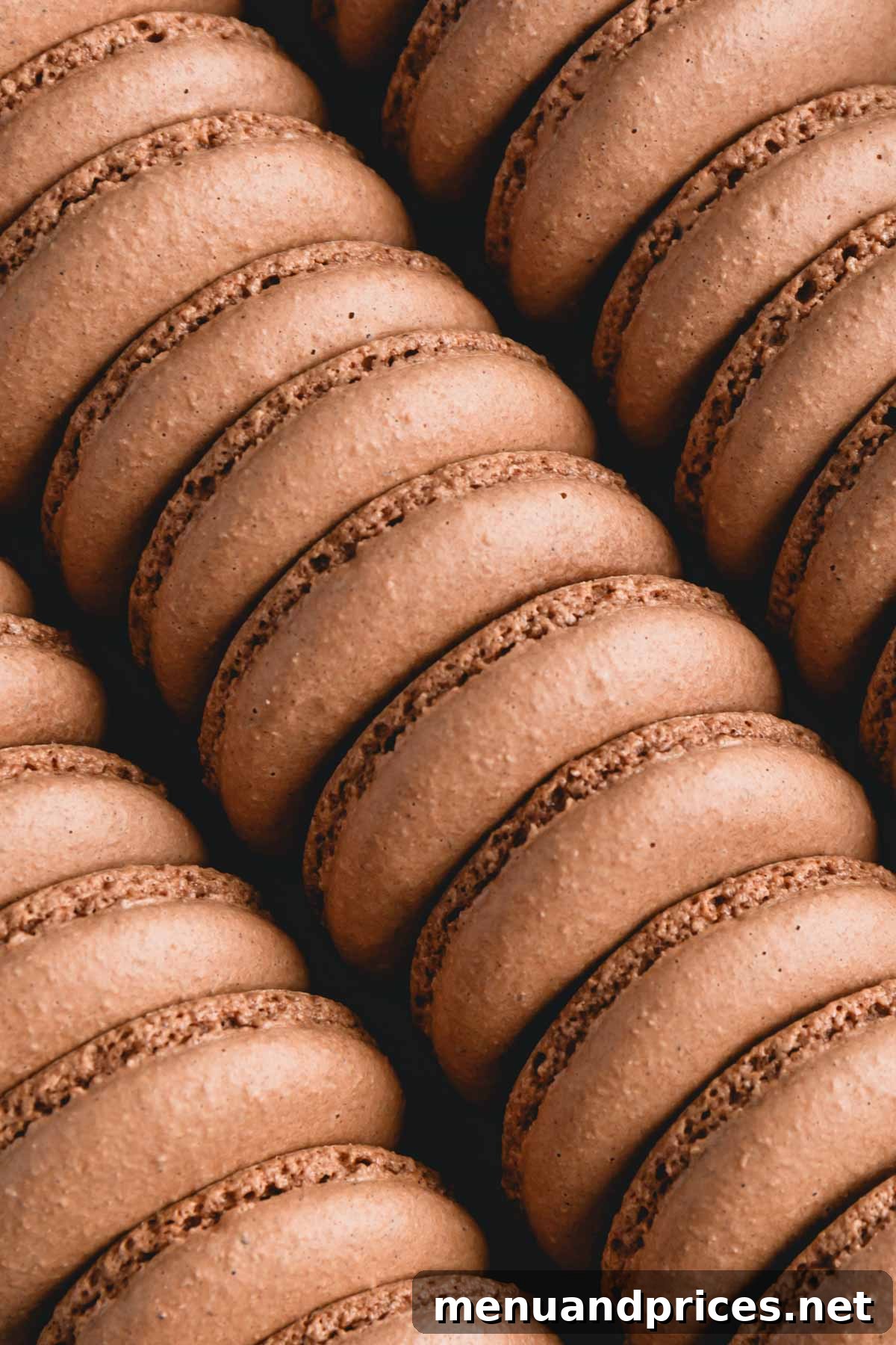 Heavenly Chocolate Macarons 15 Neatly stacked piles of baked chocolate macaron shells, showcasing their uniform size and perfect 'feet'.