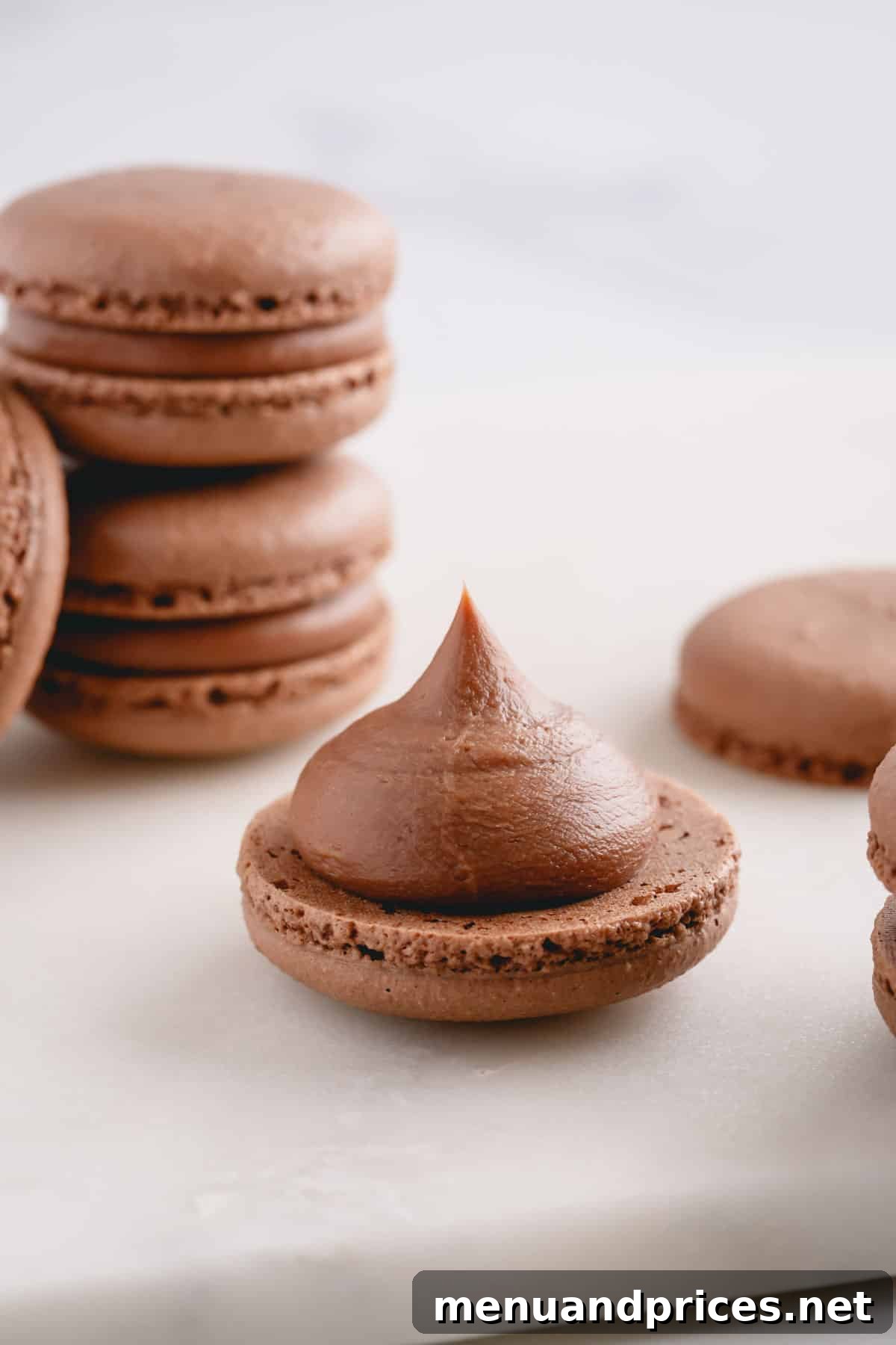 Heavenly Chocolate Macarons 16 A single chocolate macaron shell, flipped bottom-side up, with a perfectly piped dollop of rich chocolate filling awaiting its top shell.