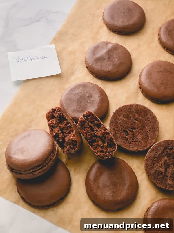 Heavenly Chocolate Macarons 7 Macarons crafted with Valrhona cocoa powder, notable for their dark color and rich flavor.