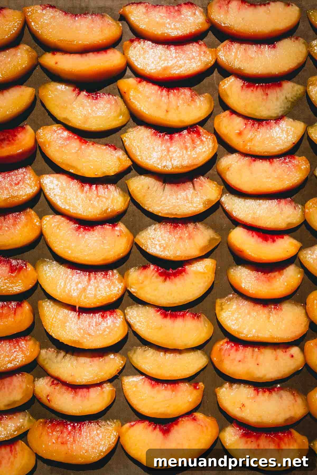 Rows of precisely sliced peach pieces arranged in a single layer on a dehydrator tray.